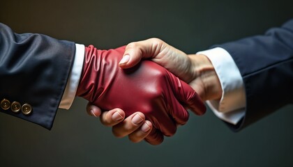 Close-up handshake with one hand in a red medical glove on a dark background, symbolizing collaboration.