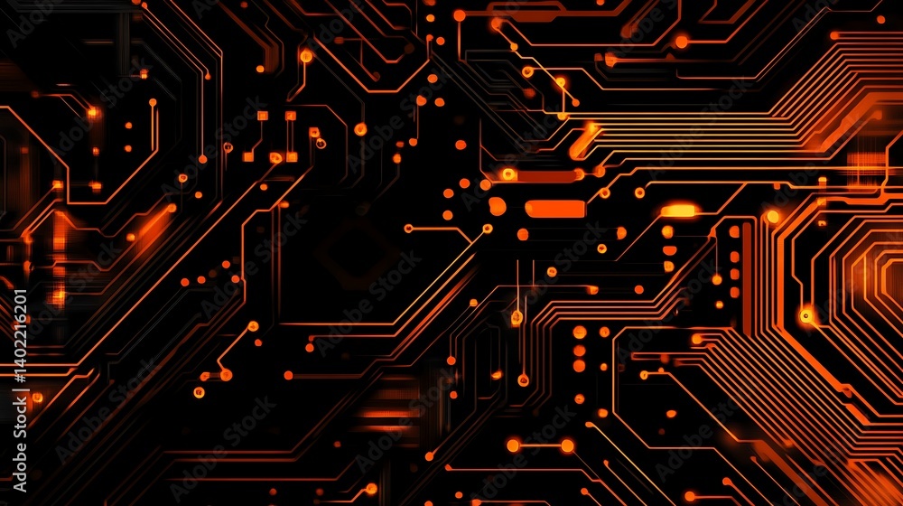 Aufkleber abstract close-up of a circuit board design with glowing orange elements on a black background