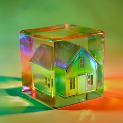 A Dreamlike Miniature House Encased in a Transparent Cube with Surrounding Foliage and Magical Light Reflections, Blending Art, Nature, and Imagination into a Surreal and Whimsical Scene