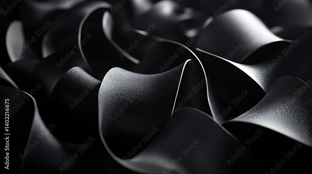 Poster abstract close-up of flowing black fabric showcasing intricate folds and textures, ideal for design 