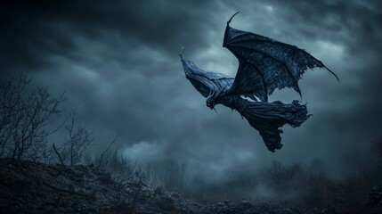 Vampire flying at night dark sky fantasy art eerie atmosphere dramatic perspective gothic imagery
