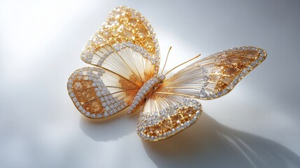 Fototapeta premium A gold pendant shaped like a butterfly in mid-flight, its wings adorned with a gradient of diamonds, glowing vividly, white backdrop