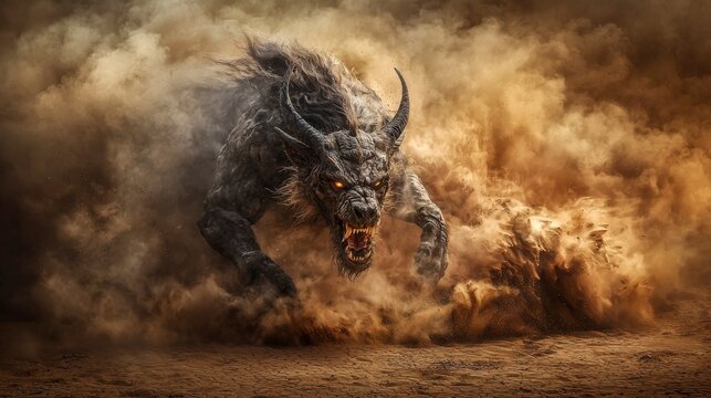 Ammut charging through the desert mythical creature action scene dramatic environment dynamic viewpoint
