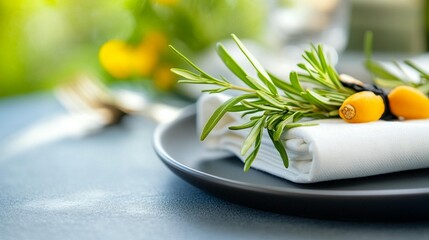 Elegant table setting with rosemary and kumquats as decoration on a gray plate and white napkin.