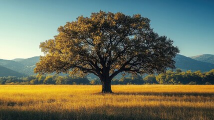 Fototapeta premium Single Oak Tree Standing Tall in a Golden Field Under Clear Blue Sky