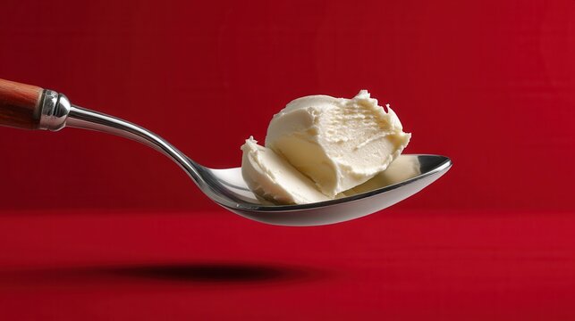 Elegant Butter Curl on Silver Spoon Against Red Background