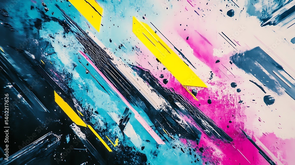 Poster abstract colorful art with dynamic brush strokes and splashes of paint creating a vibrant backdrop