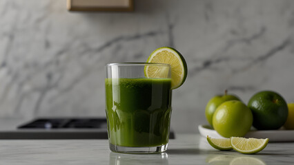 Glass of green juice with a slice of lime on the rim placed on a marble countertop with a plate of whole and sliced limes beside it