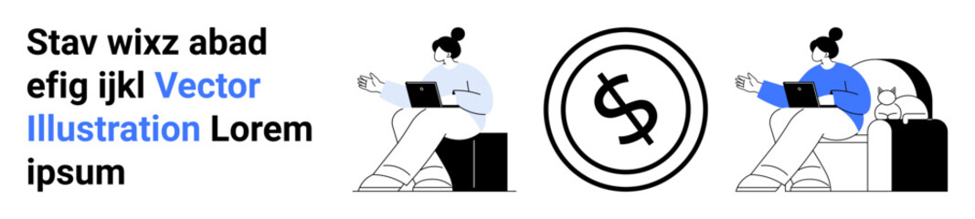 Two individuals sitting with laptops, one engaging in work, the other presenting ideas. Central dollar sign in a circle connects themes of earning, finance, collaboration, and productivity. Ideal