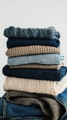 A stack of cozy sweaters, jeans, and other warm clothes.