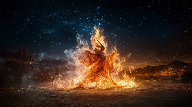 Majestic djinni rising in a dark desert night enigmatic fantasy artwork ethereal atmosphere dreamlike scene