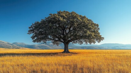 Fototapeta premium Solitary Tree in Golden Wheat Field Under Bright Blue Sky with Sunlight