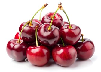 a small cluster of cherries with shiny, deep red skin on a white background