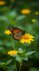 Fototapeta premium Summer mobile wallpaper: An orange butterfly visits a small yellow and white daisy-like flower in a vibrant green grassy field under daylight.