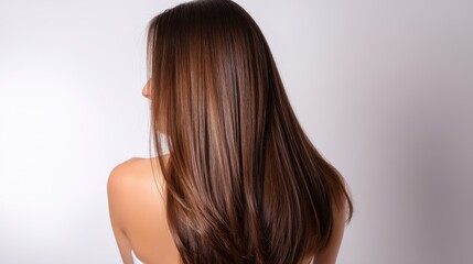 Fototapeta premium Beautiful model girl with Brown hair strand,silky healthy chestnut wavy hair strand,hair wavy ribbon, with smooth,Keratin straightening,Treatment,straight long hair,procedures,Smooth hairstyle.