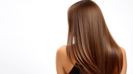Naklejka premium Beautiful model girl with Brown hair strand,silky healthy chestnut wavy hair strand,hair wavy ribbon, with smooth,Keratin straightening,Treatment,straight long hair,procedures,Smooth hairstyle.