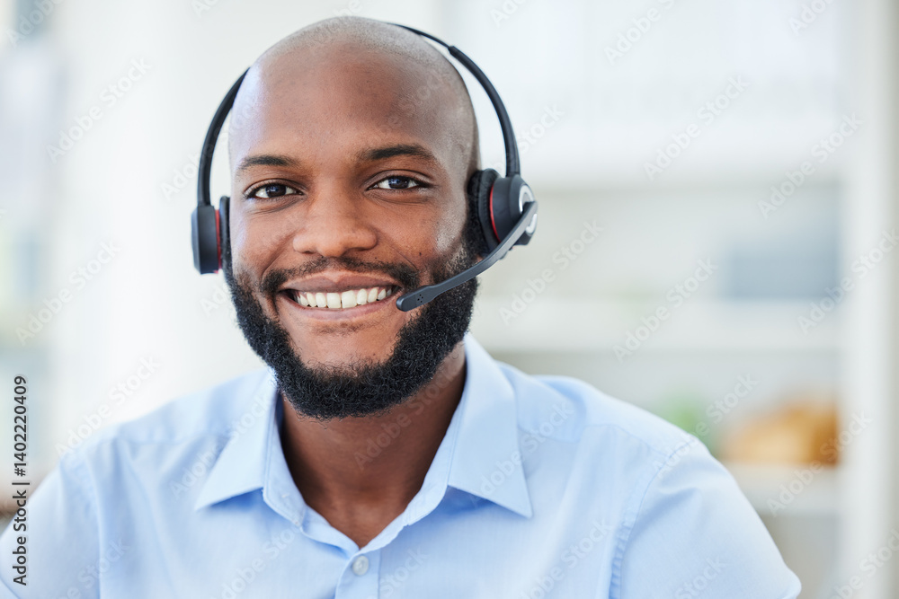 Poster crm customer support, service and web help worker on an office online 5g phone consultation. portrai