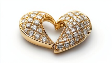 A heart-shaped gold pendant split into two parts, one half polished and the other encrusted with diamonds, glowing vividly, white background 