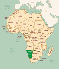 Map of Namibia in Africa continent with border, country names, and capital names