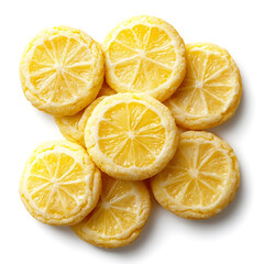Soft and chewy lemon cookies with a bright, citrus flavor and slightly crisp edges, isolated white background