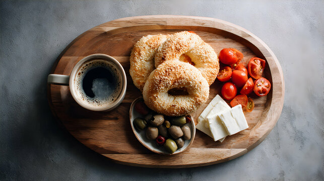 Inviting breakfast composition with sesame bagels, coffee, cheese and tomatoes