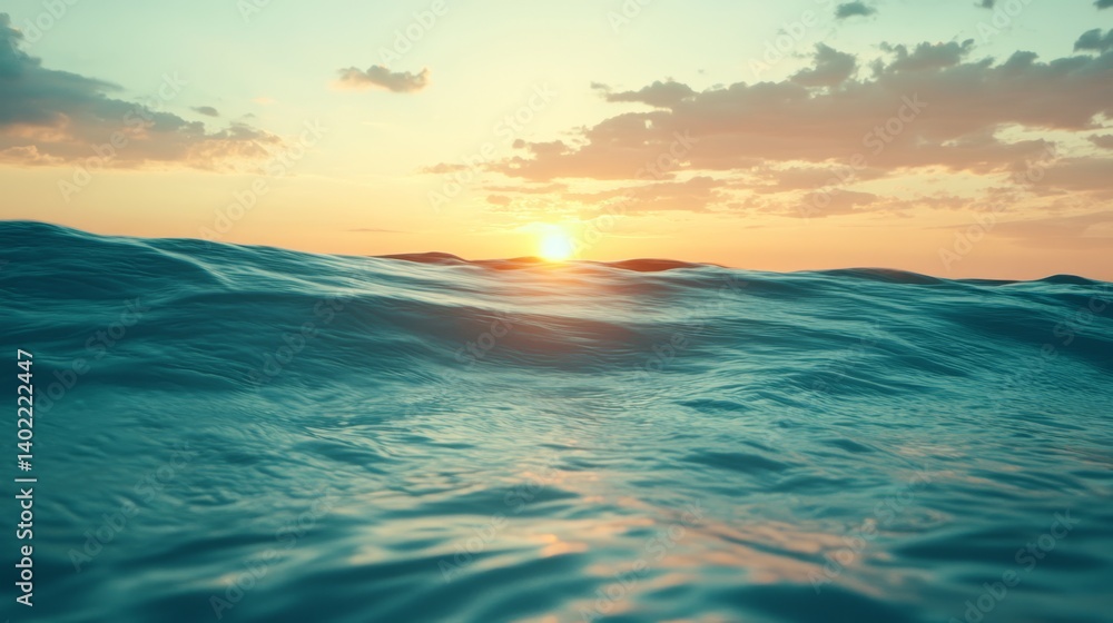 Poster a vibrant sunrise emerges from behind soft clouds, casting golden light on calm waves while the smoo