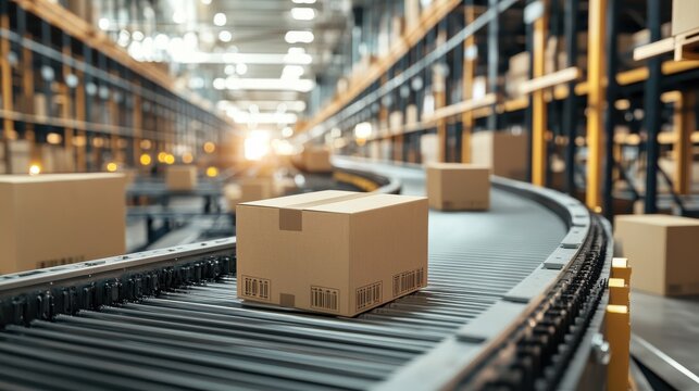 conveyor belt in a distribution warehouse with row of cardboard box packages for e-commerce delivery and automated logistics concepts as wide banner with copysapce area .