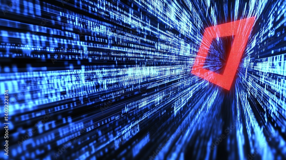 Fototapete abstract digital background with glowing red shape amidst blue data streams representing technology