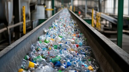 Conveyor belt with plastic waste in a recycling facility.