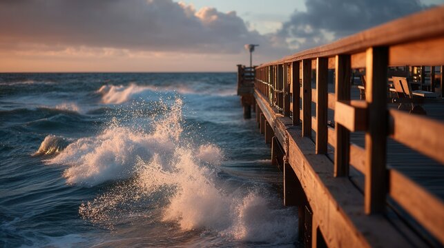 Peaceful waves crashing against wooden pier at sunset - Powered by Adobe