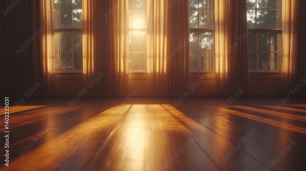 Poster pale morning light filters through tall windows, casting intricate shadows on an empty wooden floor,