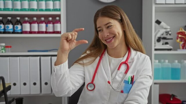 Young woman caucasian doctor in uniform confidently gesturing small size concept with fingers at clinic