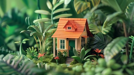 Tropical island paradise with a cozy orange house surrounded by lush green palm trees, clear blue skies, and serene ocean waters &mdash; an idyllic escape into nature and peaceful island living