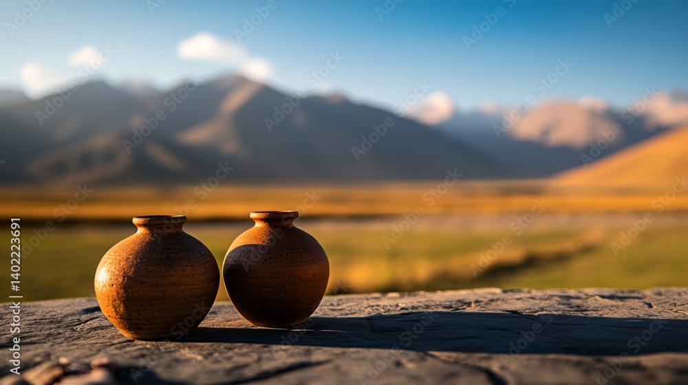 Aufkleber two weathered terracotta jugs rest on a smooth stone slab, surrounded by expansive desert plains and