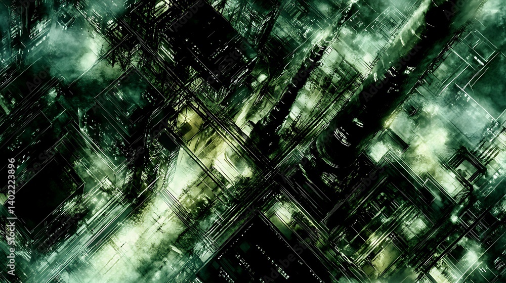 Poster abstract digital landscape showcasing intricate green and black geometric patterns with depth