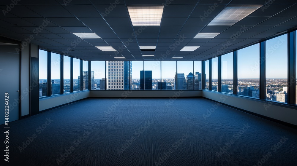 Aufkleber Wide-angle view of a vacant office space with floor-to-ceiling windows offering scenic views of downtown skyscrapers and a bright blue sky