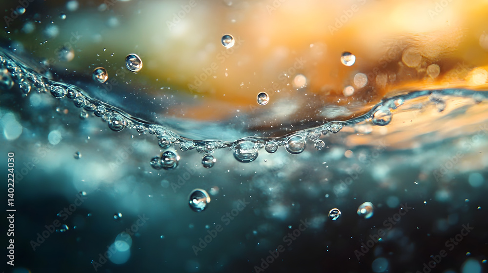 Poster a close-up shot capturing the dynamic and tranquil underwater surface, dotted with bubbles, offering
