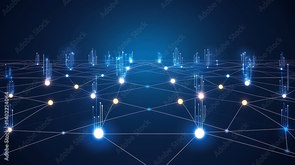 Poster abstract digital network visualization with glowing nodes and lines against a dark blue background