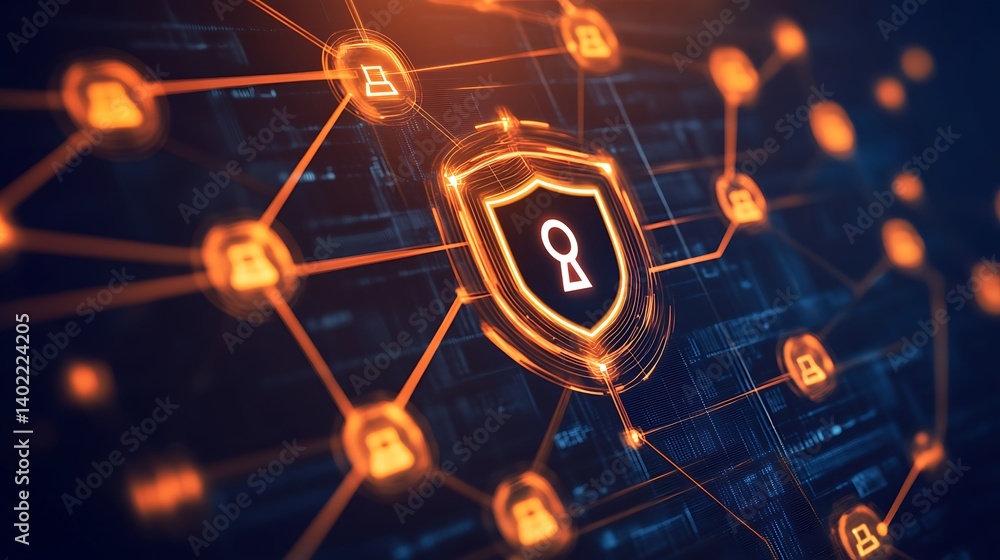 Poster abstract digital security concept with interconnected nodes and a central shield symbolizing protect