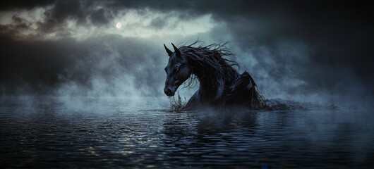 Mysterious kelpie emerges from foggy waters enigmatic landscape dark fantasy atmospheric setting
