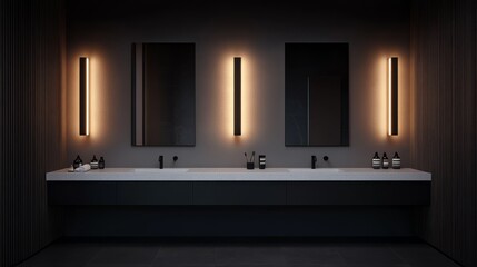 Elegant bathroom design features double sinks, stylish black-framed mirrors, and warm lighting, enhancing the luxurious feel of the space