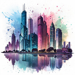 Colorful Watercolor Cityscape with Reflections