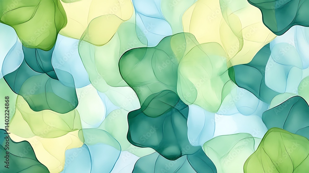 Poster abstract flowing shapes in soft green and blue hues creating a serene background for design use