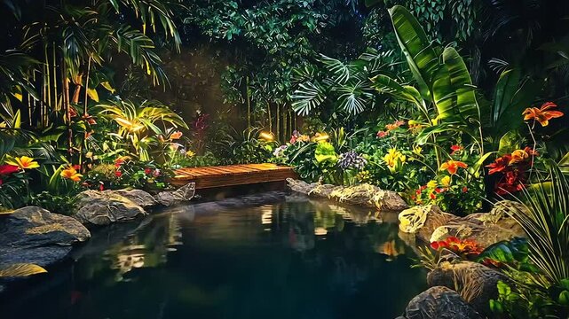 Serene nighttime tropical garden with pond, bridge, and lush foliage