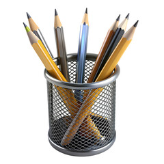 Pencils in Mesh Holder Office Supplies on transparent background