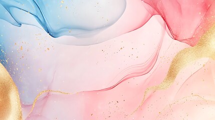 Naklejka premium Abstract fluid art with soft pink, blue, and gold tones blending seamlessly in a tranquil background