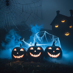 Creepy Halloween Scene with Pumpkins and Cobwebs