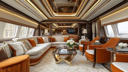 Luxurious yacht interior.  Sophisticated lounge area with plush seating, ornate details, and stylish lighting