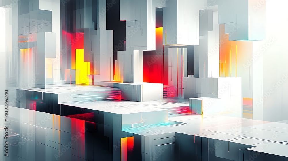 Poster abstract geometric landscape featuring vibrant colors and luminous structures in a futuristic settin