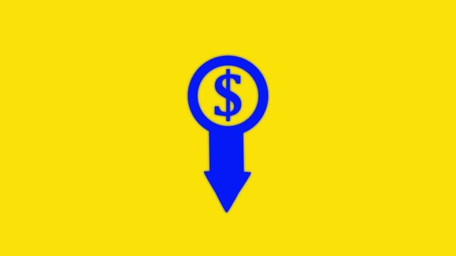 Money loss. Cash with down arrow stocks graph, concept of financial crisis, market fall. animated of cost symbol dollar increase and decrease icon, money, dollar sign with arrow down.